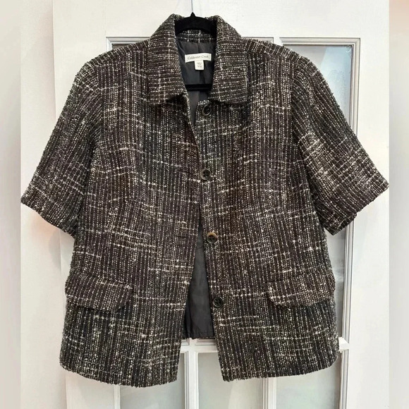 COLDWATER CREEK Wool Short Sleeve Blazer Jacket Brown Blue Tweed Plus Size 18W - Picture 14 of 15